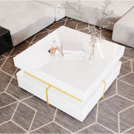 Tavolino da caffè 70x70x35.5 cm bianco in pannello truciolare lucido con 2 cassetti e dettagli dorati (1/5)