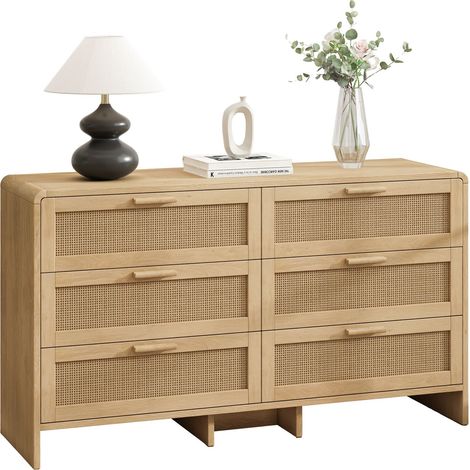 Cassettiera 130x40x74 cm, 6 cassetti, Stile moderno, Paglia naturale, Pannello truciolare e legno, Naturale (1/5)