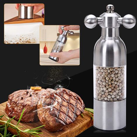 304 Stainless Steel Pepper Grinder, Small Manual Grinder Kitchen Stainless Steel Salt Mill Clear Tool Adjustable wiyh Ceramic Grinding Core, for Kitchen, Restaurant, Party, 4.8  17.5 cm(DH), Silver (1/5)