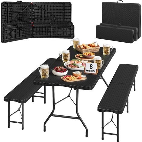 WOLTU  3Pc Garden Trestle Table & Bench Set 180cm Foldable Outdoor Furniture W/Metal Frame Picnics BBQ Parties Portable, Rattan Effect Black