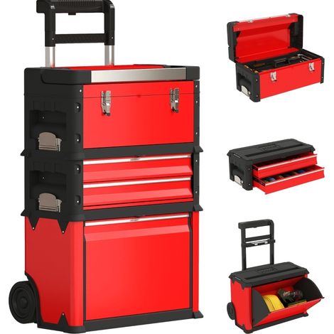 CHICFURN Carrello officina 52 x 32 x 72 cm in acciaio rosso, 3 moduli impilabili con ruote (1/5)