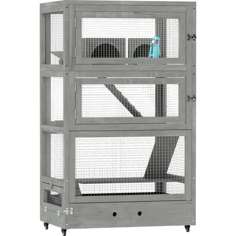 Cage pour hamster nain en bois avec 4 niveaux, 2 maisons, 2 balançoires, 3 rampes et roulettes, 65 x 45 x 109 cm, gris  CHICFURN (1/5)