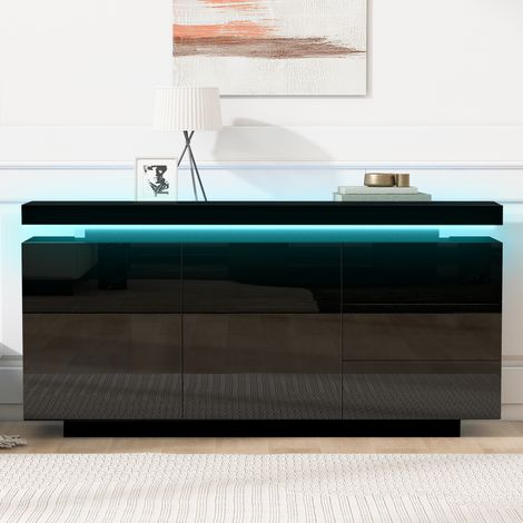 Buffet LED Design Moderne 140x35x72.5cm - Commode de Rangement  - 2 Portes avec 3 Tiroirs - pour salon - Panneau de particules  - Noir (1/5)