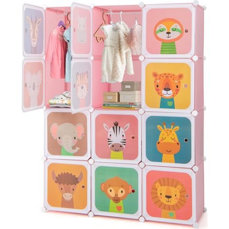 COSTWAY Guardaroba Portatile per Bambini, Armadio Portatile con 12 Cubi, Organizzatore Modulari per Camera dei Bambini Soggiorno, 109 x 35 x 145 cm (Rosa) (1/5)