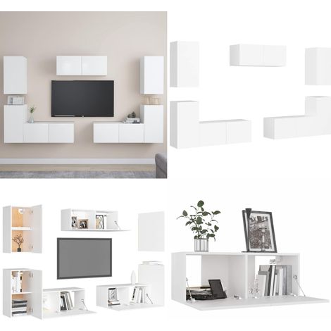 Set de muebles de salón TV 7 piezas madera de ingeniería blanco - Muebles de TV - Muebles de madera