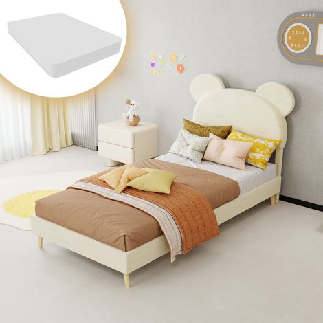 Bett mit Stauraum Stoff/Metall Beige 90x200 cm, gepolstertes Kinderbett mit cartoonförmigem Kopfteil