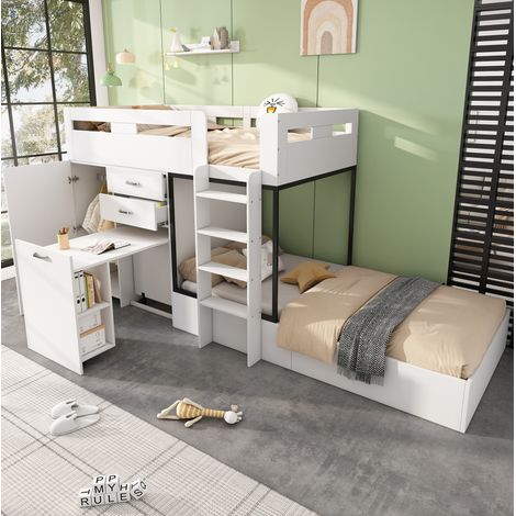 DESVIAE Lit superposé enfant avec bureau coulissant armoire tiroirs étagères échelle 90 x 200 cm blanc noir (1/5)