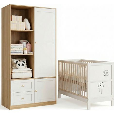 Chambre enfant – Lit bébé bois + table dessin 120x60x90 – Armoire coulissante 90x50x180 – Ensemble (1/5)