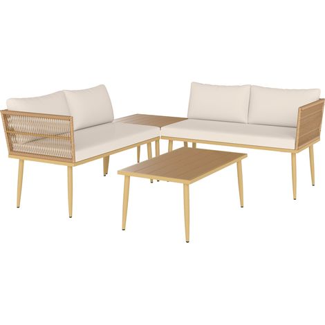 Set de Salon d'Extérieur en Rattan PE avec 2 Canapés 2 Places avec Coussins et 2 Tables Basses, Couleur Bois (1/5)
