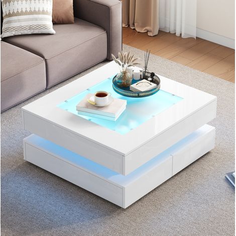 Mesa de centro de 70 x 70 x 35 cm con tablero de vidrio, 3 cajones, LED, blanco HAVRYA (1/5)