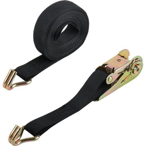 Sangles d'Arrimage Noires, 25 mm x 6 m Sangle a Cliquet, Sangles à Cliquer, Sangle arrimage, Corde de Tension pour Porte Velo Voiture, Motos, coffres de Toit, Camping, Remorques (1/5)
