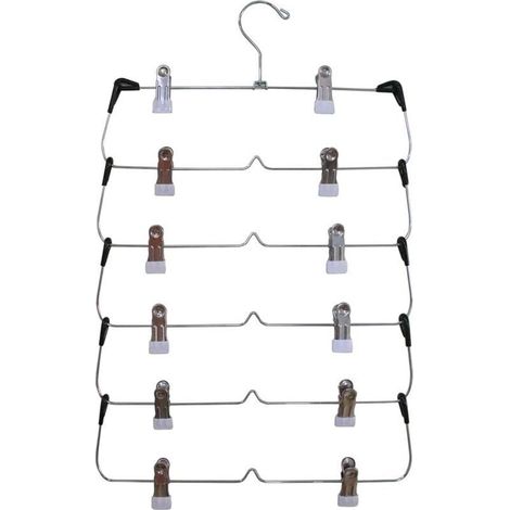Lot de à pantalons 6 niveaux avec clips - En métal chromé solide et durable - Économie d'espace - Multi-cintres avec clip antidérapant réglable pour pantalons, jupes, pantalons, jeans