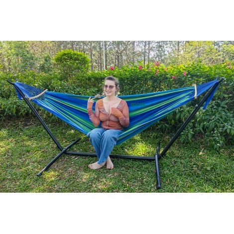 Doppelhängematte für 2 Personen, 220 x 160 cm, mit Stahlrahmen und abnehmbarer Spreizstange, Tragkraft 226,8 kg, Hängematte aus Baumwoll-Canvas für Terrasse, Veranda, Garten, Hof, Außenbereich und