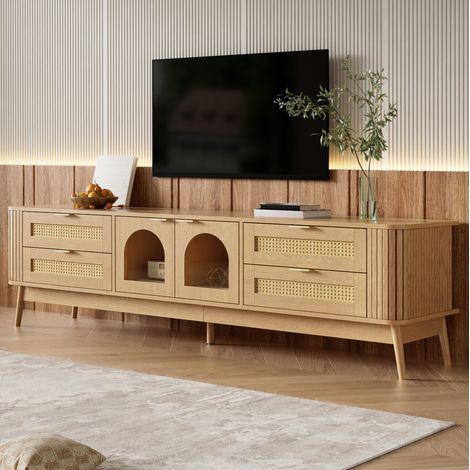 MODFU – Mueble TV 180x40x50 cm de aglomerado natural con 4 cajones, 2 puertas de vidrio curvo y LED app – Natural (1/5)