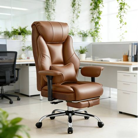 Bürostuhl 77x71x118-125.5 cm braun aus PU und Metall mit Fußstütze und verstellbarer Rückenlehne (1/5)