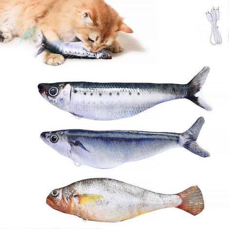 Poissons réalistes pour chats, lot de 3 jouets interactifs pour toutes les races, activés par simple pression, 3 modes de battement d'ailes, rechargeables, 18 cm