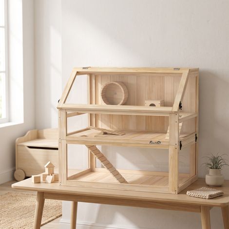 Cage hamster rongeur à 3 niveaux fond amovible de 31 cm de profondeur cabane balançoire 80x50x76cm finition bois naturel (1/5)
