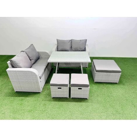 Fimous 7 Seater Outdoor Love Sofa Set Rattan Garden Furniture Set with Rectangular Dining Table 3 Footstools Light Grey (1/4)