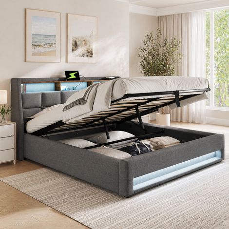 Lit coffre 160x200 cm avec rangement, LED et USB, sommier métal, cadre rembourré tissu lin, sans matelas, gris (1/5)