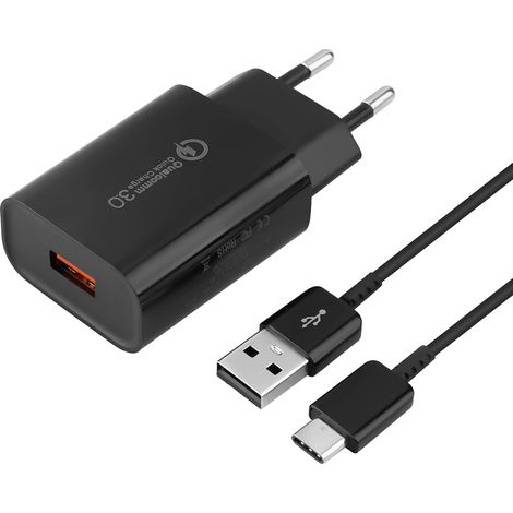 Chargeur USB, 18W Chargeur Rapide Quick Charge 3.0 Alimentation USB avec câble de Charge pour Samsung Galaxy S8, S8 Plus, S9, S9 Plus, S10, S10 Plus, S10e, S20, S21, A51, A52, A40, A13, A30, Z Flip3 (1/5)