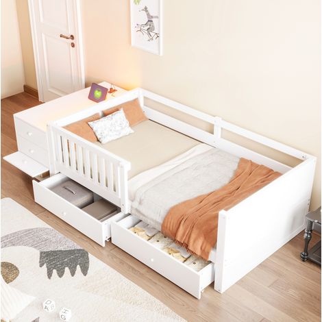 Cama alta infantil 90x200 cm ahorra espacio con almacenamiento independiente, LED, enchufe y escritorio, madera - blanco (1/5)