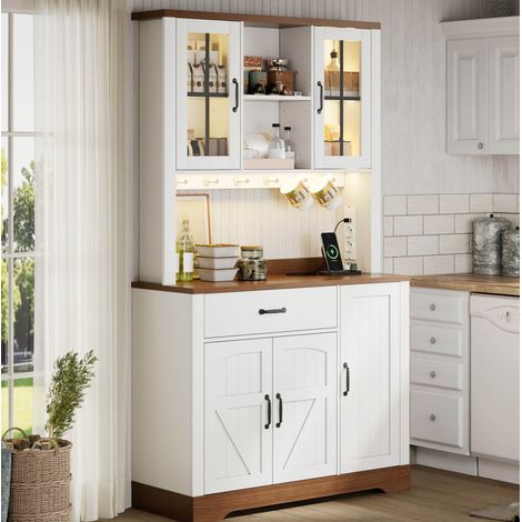 Buffet de cuisine 105x40x185 cm naturel et blanc en MDF avec LED multicolore, prises et rangement modulable (1/5)