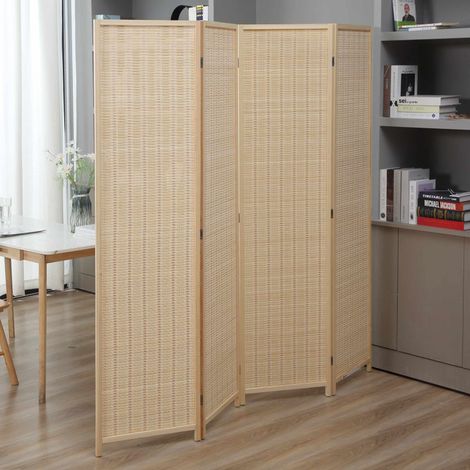 Paravent pliable en bambou 4 panneaux – Cloison de séparation 180x2x180 cm – Écran de confidentialité pour intérieur – Charnières argentées – Makika (1/5)