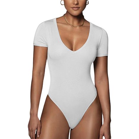 1 Body femme, tissu coton élasthanne, col V, manches courtes, boutons-pression, sport yoga (1/5)