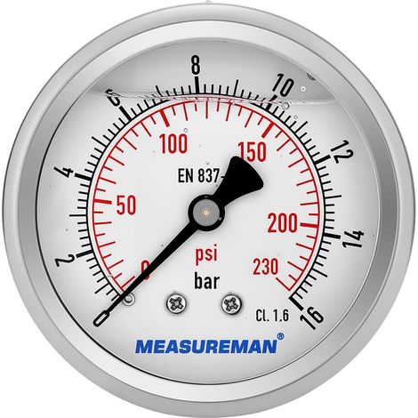 Manomètre, Manomètre Glycérine 2,5 pouces, 0-16 bar, boîtier en acier inoxydable 304, raccord arrière 1/4" BSP (1/5)