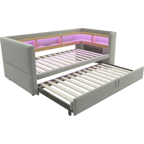 Letto imbottito estraibile 90/180 x 190 cm grigio chiaro con LED, prese e vani contenitore (1/5)
