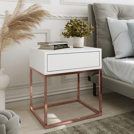 AX LIVING Nachttisch Kommode Aleio Weiß kupferfarbenes Metallgestell