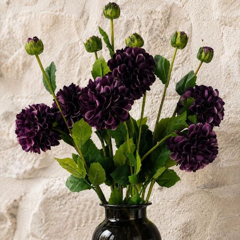 Pack of 6 x 75cm Artificial Dahlia PomPom Flower Stem Purple - Premium Quality (1/5)