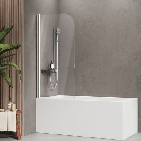 EMKE Duschabtrennung Badewanne 140x70 cm Chrom, Duschwand für badewanne 1-teilig 180° klappbar, 6mm ESG Anti-Kalk