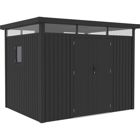 Caseta de jardín de metal de alta gama con techo plano y puerta batiente <> - 6,76 m² - Gris (1/5)