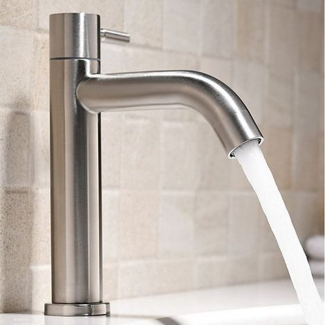 Foreign trade cross-border e-commerce stainless steel tall basin faucet with single cold water spout for bathroom countertop washbasins and vanities -- brushed curved spout, single cold water, low mod