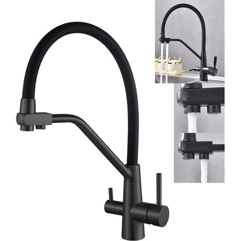 Rubinetto da cucina a osmosi inversa a 3 vie con acqua calda e fredda, canale separato per acqua purificata, ottone resistente (osmosi inversa nera)