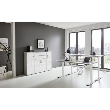 BMG Möbel Büromöbel-Set, e-Office Edition Set 16, Schreibtisch höhenverstellbar, 160 cm, grau/ weiß hochglanz