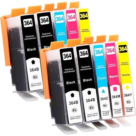 10 cartouches d'encre 364XL compatibles avec les imprimantes HP Photosmart 5520, 5510, 5524, Deskjet 3520 et Officejet 4622. (1/5)