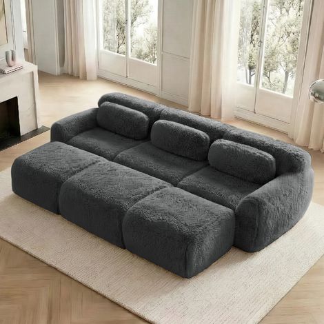 Canapé modulaire 3 places gris en tissu peluche avec 3 ottomans, sans cadre et convertible (1/5)