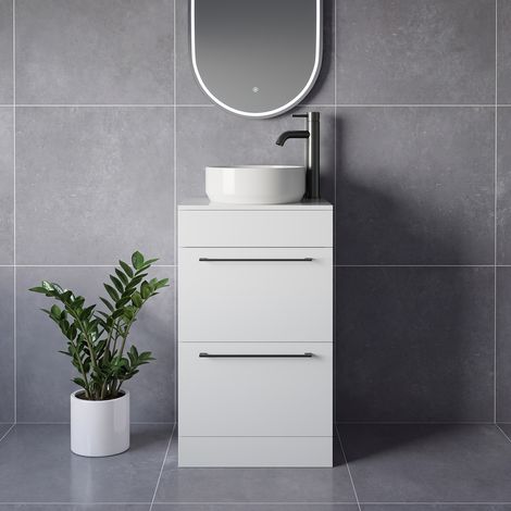 Napoli 390 Gloss White 500mm 2 Drawer Vanity Unit for Countertop Basins - 500mm - Gunmetal Grey 320mm Handle