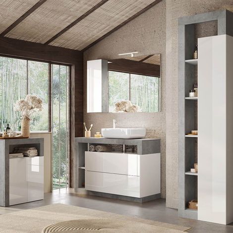 Ensemble meuble vasque 110cm + rangement 2P + colonne blanc et aspect béton - ARTURO