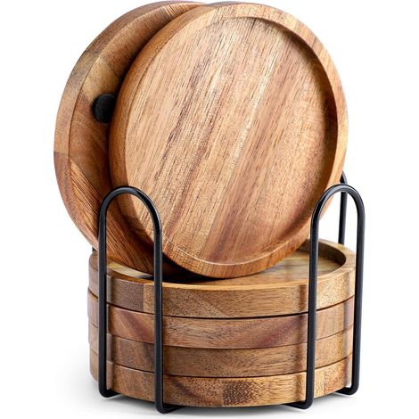 Untersetzer Holz Rund für Gläser 6er Set, Untersetzer aus Akazienholz mit Halter, Glasuntersetzer für Getränke, Bar, Tassen, Glas (1/5)