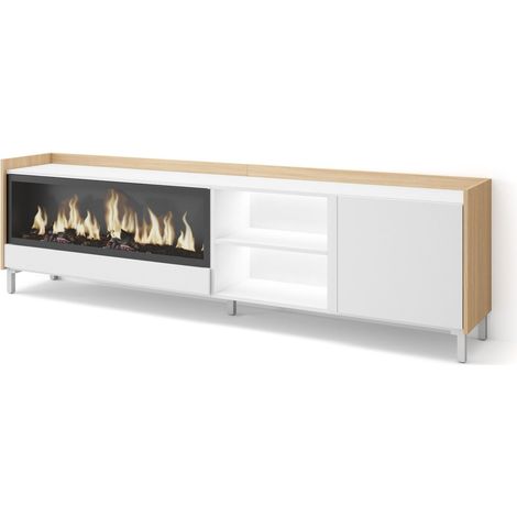 Skraut Home - Mueble TV, Televisión, Muebles de salón, almacenaje, 212x35x61cm, Para TV hasta 80", Chimenea eléctrica XXL, Diseño industrial, LED, Estilo Moderno, Blanco y roble soft (1/5)