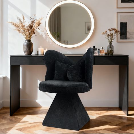 Silla de tocador giratoria negra en tela chenilla con respaldo mariposa y base estable (1/2)
