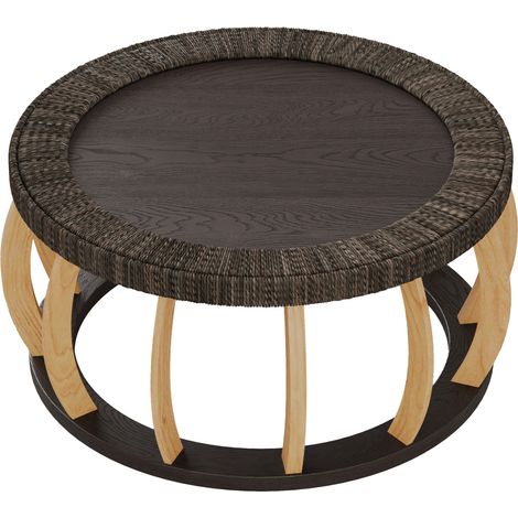 Mesa de centro redonda de mimbre y madera con patas curvas, negro marrón, 90 x 90 x 43 cm (1/5)