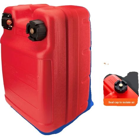 Depósito de combustible con capacidad de 24 litros, asa ergonómica en forma de I, indicador de combustible integrado, construcción de polietileno de alta densidad, diseño de superficie texturizada. (1/5)