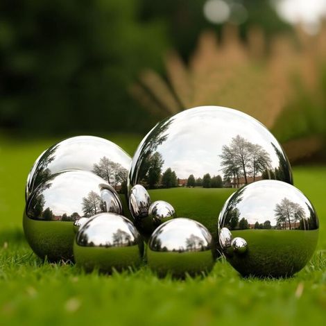 Lot de 6 boules à facettes en acier inoxydable - 50-150 mm - Décorations de jardin d'extérieur, boules réfléchissantes en acier pour décorations, décoration intérieure et décoration d'étang (1/5)