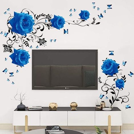 Sticker mural, Autocollants muraux en forme de rose bleue - Décoration murale florale en forme de pivoine bleue - Art mural en vinyle pour chambre à coucher décoration murale TV Sticker mural (1/5)