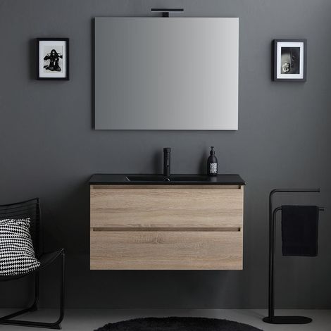 Mueble De Baño 90Cm 2 Cajones Roble Con Lavabo Negro, Espejo 90X70 Y Lámpara Berlin (1/5)