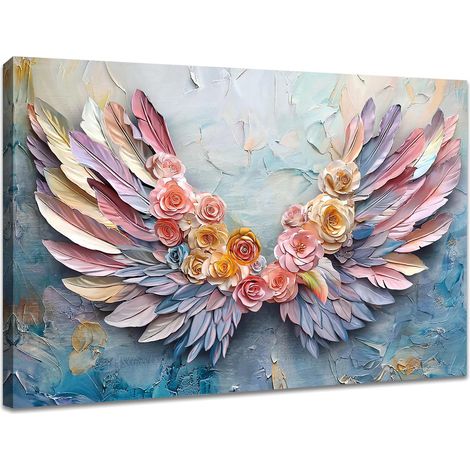 Roses Ailes d'ange Tableau Decoration Murale Encadré Toile Peinture Ailes et Fleurs Colorées Decoration Murale Salon Maison Deco Chambre Prêt à Accrocher 90x60 cm (1/5)